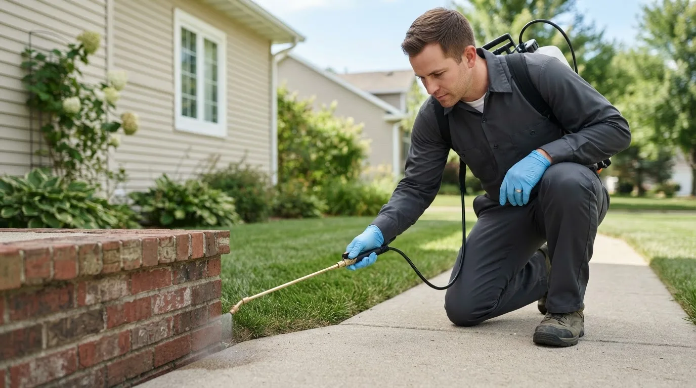 Pest control technician treating a home near Bristol, IN
